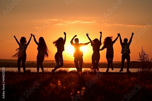 group of people jumping in sunset