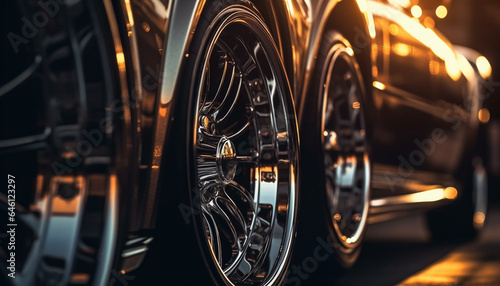 Shiny alloy wheel on modern sports car in close up view generated by AI © Stockgiu
