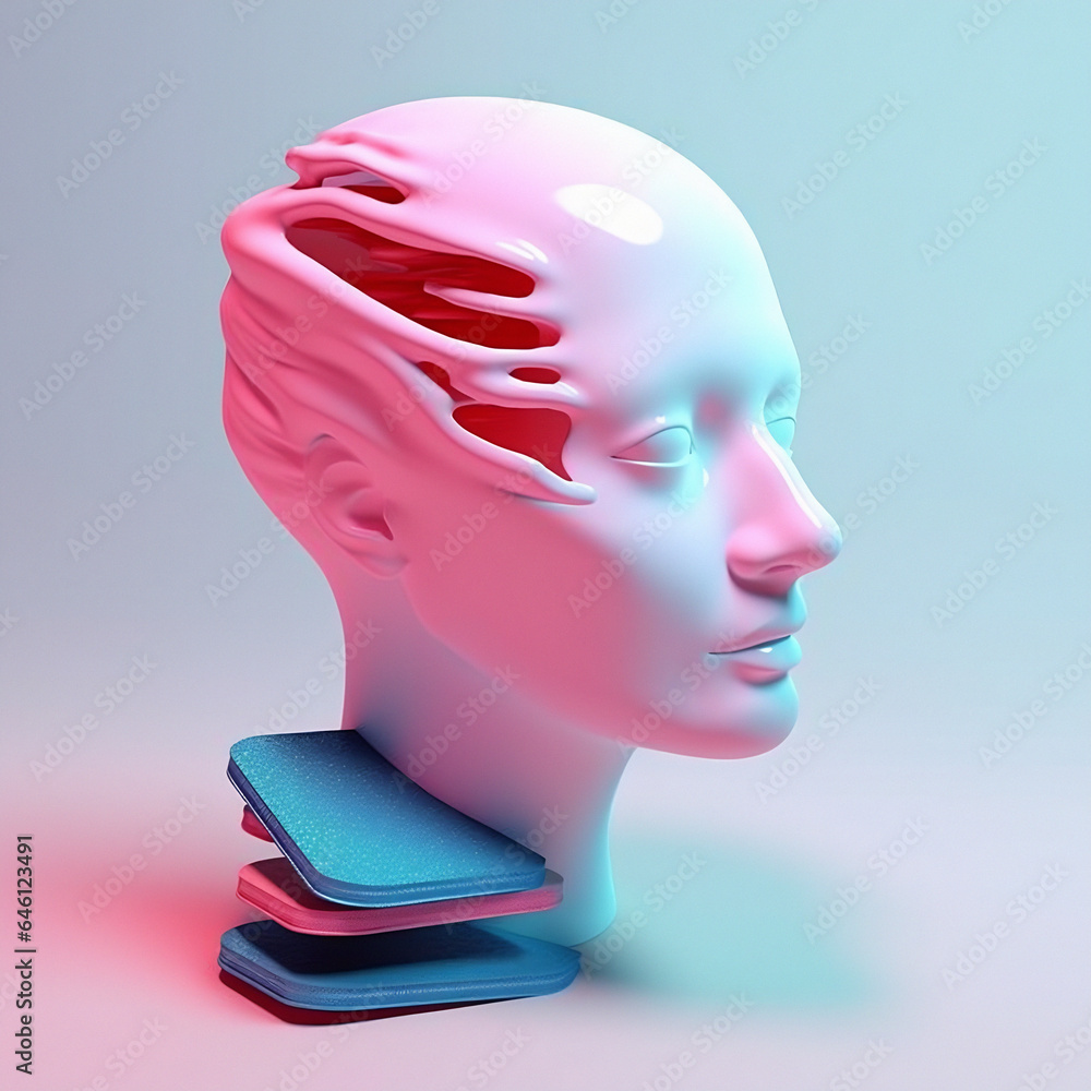 3D illustration of a surreal head sculpture with geometric shapes.  Concept of psychological and mental health issues. - obrazy, fototapety, plakaty 