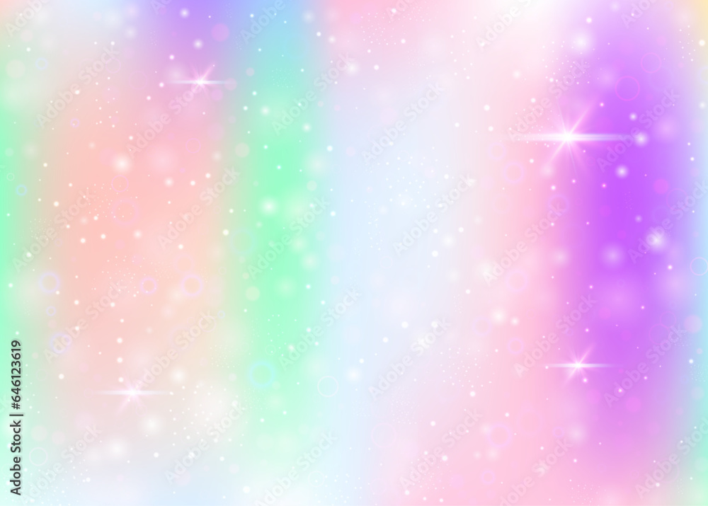 Unicorn background with rainbow mesh. Multicolor universe banner in princess colors. Fantasy gradient backdrop with hologram. Holographic unicorn background with magic sparkles, stars and blurs.