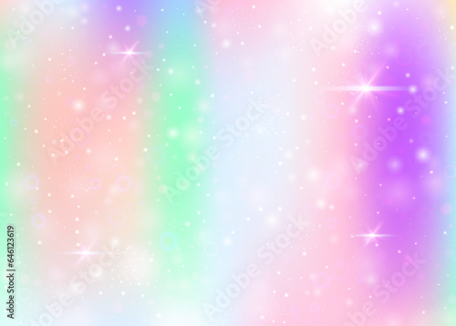 Unicorn background with rainbow mesh. Multicolor universe banner in princess colors. Fantasy gradient backdrop with hologram. Holographic unicorn background with magic sparkles, stars and blurs.