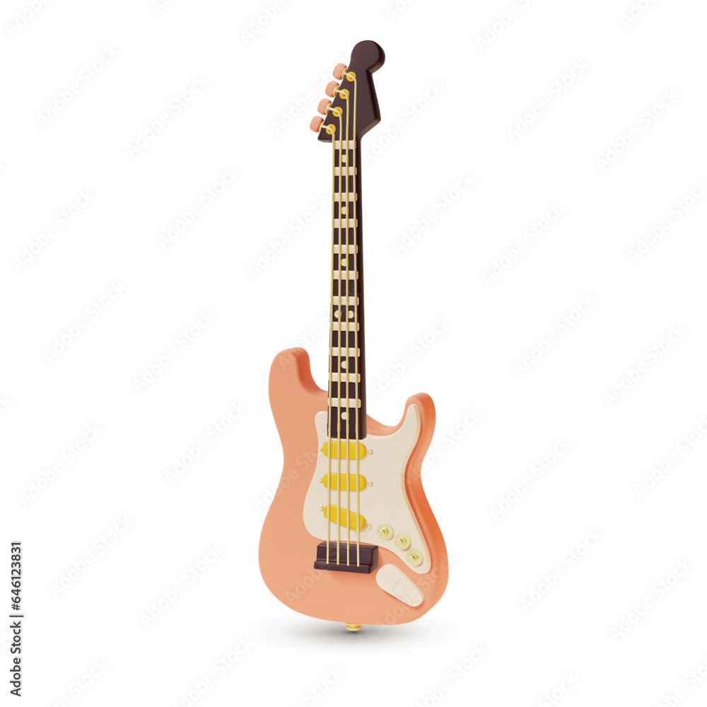Naklejka premium 3d Electric Guitar Cartoon Style Musical Instrument for Rock Metal Concert Isolated on a White Background. Vector illustration of Electroguitar