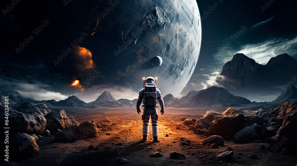 silueta de un astronauta futurista en un planeta desconocido mirando