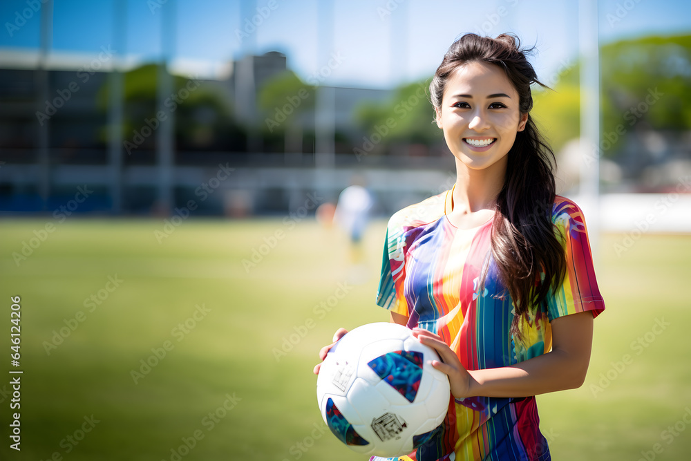 Naklejka premium Beautiful female soccer player holds a ball on the soccer practice football field during the daytime, Generative AI