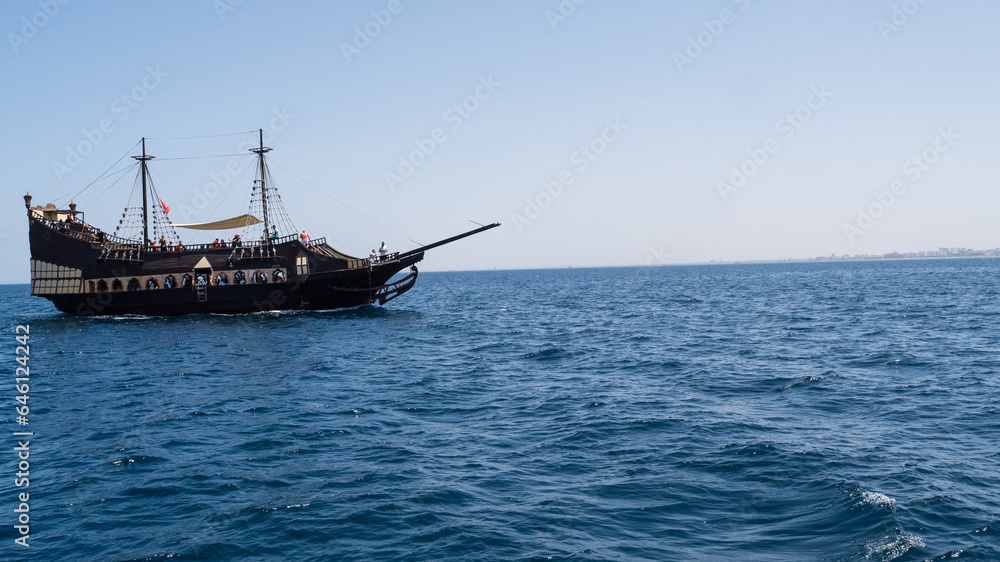 Pirate ship on the mediterranean ocean, open water. Pirate ship on the mediterranean ocean, open water.