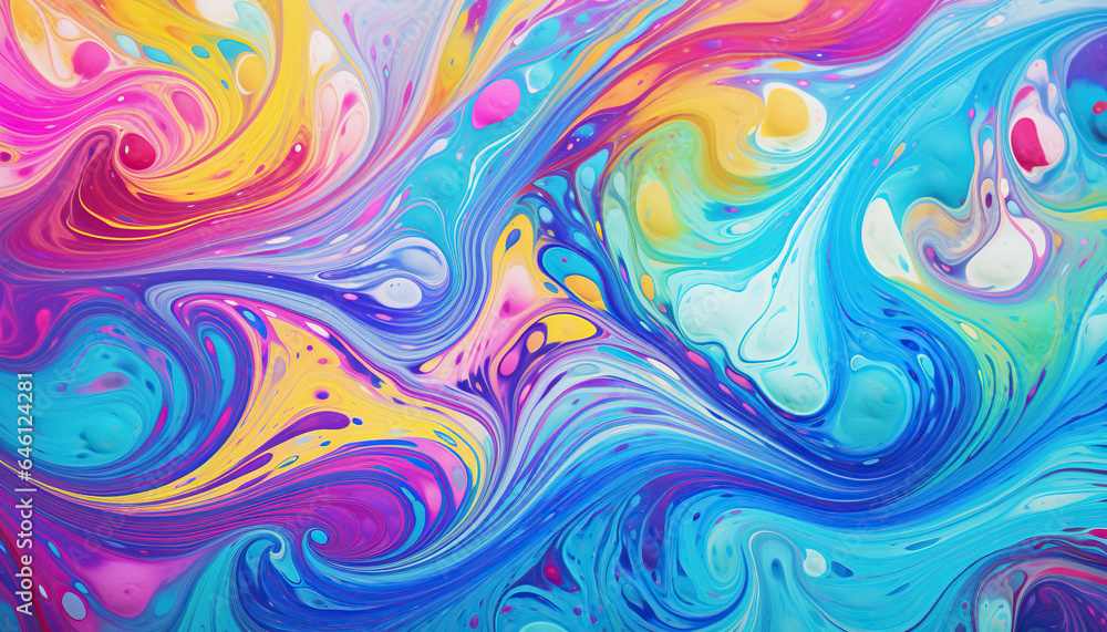 Abstract marbled acrylic paint ink painted waves painting texture colorful background banner - Bold colors, rainbow color swirls wave Generative AI