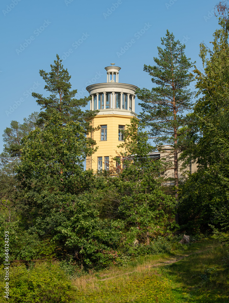 Belvederen tower in Linköping, Sweden with foreground trees Belvederen tower in Linköping, Sweden with foreground trees
