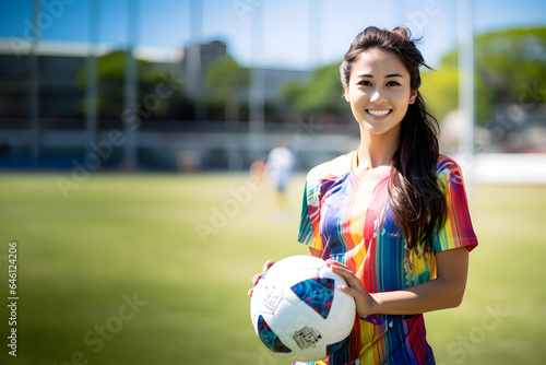 Beautiful female soccer player holds a ball on the soccer practice football field during the daytime, Generative AI