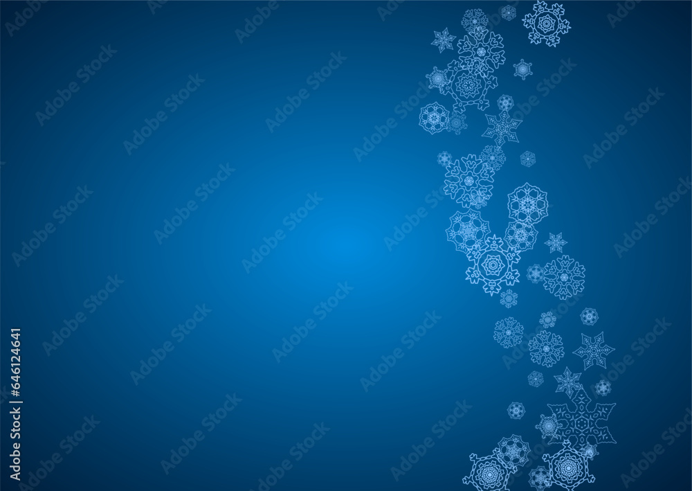 New Year snowflakes on blue background with sparkles. Horizontal Christmas and New Year snowflakes falling. For season sales, special offer, banners, cards, party invites, flyer. White frosty snow New Year snowflakes on blue background with sparkles. Horizontal Christmas and New Year snowflakes falling. For season sales, special offer, banners, cards, party invites, flyer. White frosty snow