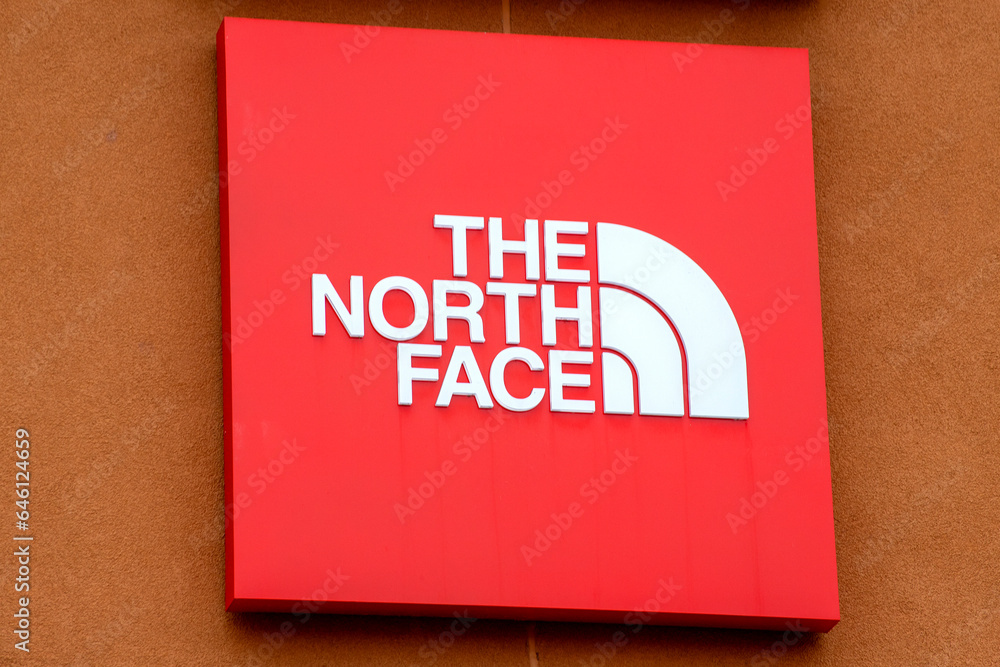 Montreal, Canada, Aug 07, 2023 The North Face brand retail shop logo signboard on the
