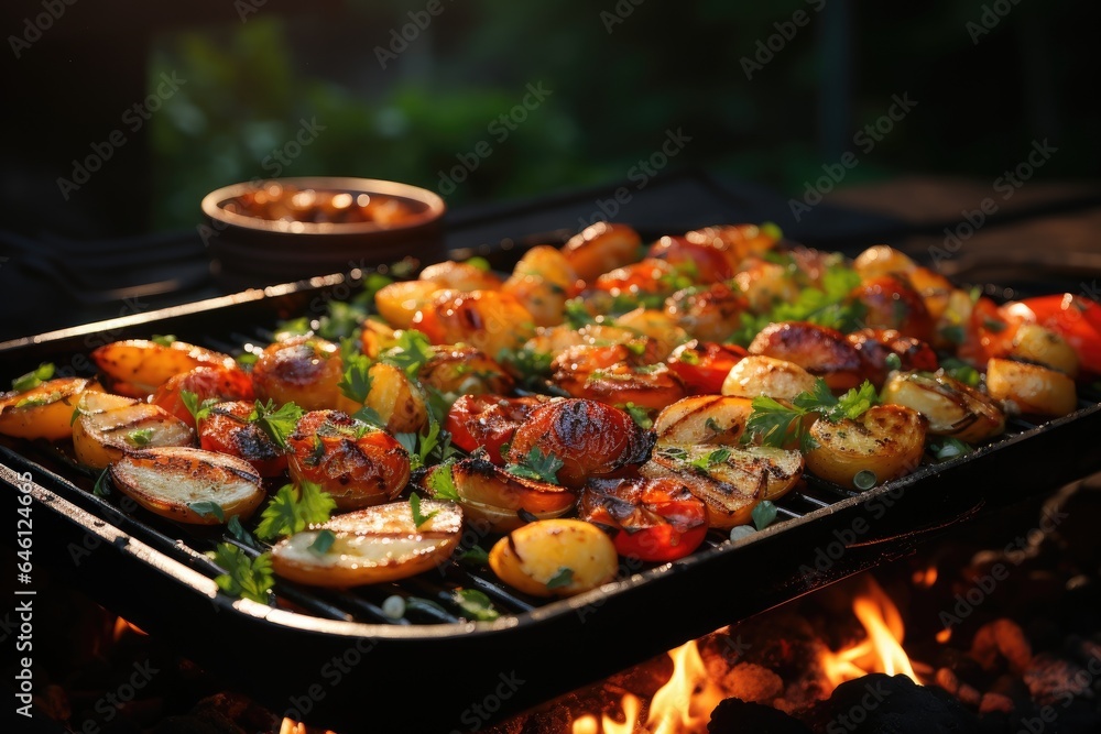 Fototapeta premium Appetizing grilled fish with grilled vegetables