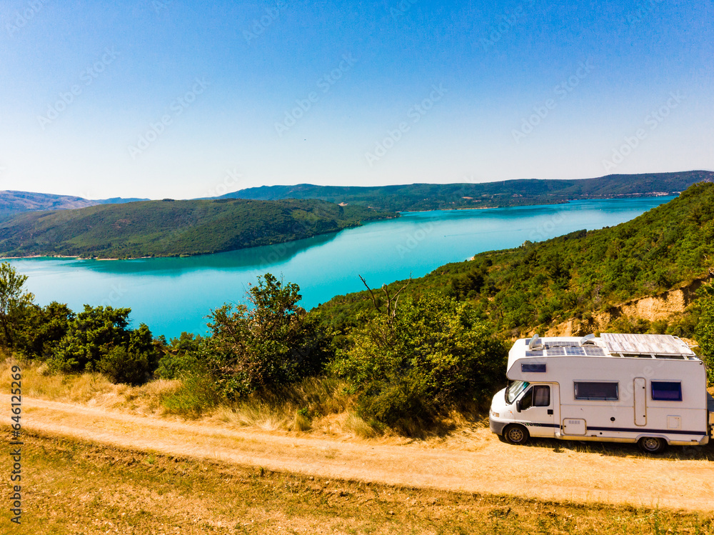 Camping car at lake Sainte Croix in Verdon Gorge, France