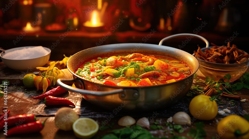 Hot curry red soup. AI generated image - obrazy, fototapety, plakaty 