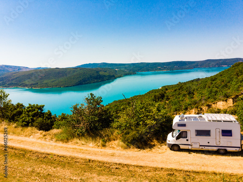 Camping car at lake Sainte Croix in Verdon Gorge, France