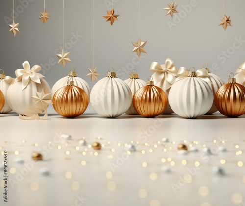 Christmas baubles on a white background with bokeh effect with copy space. 