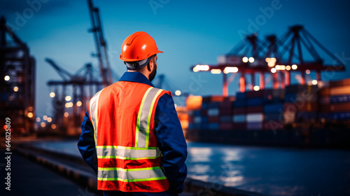 Industry worker with safety jacket and helmet at the port