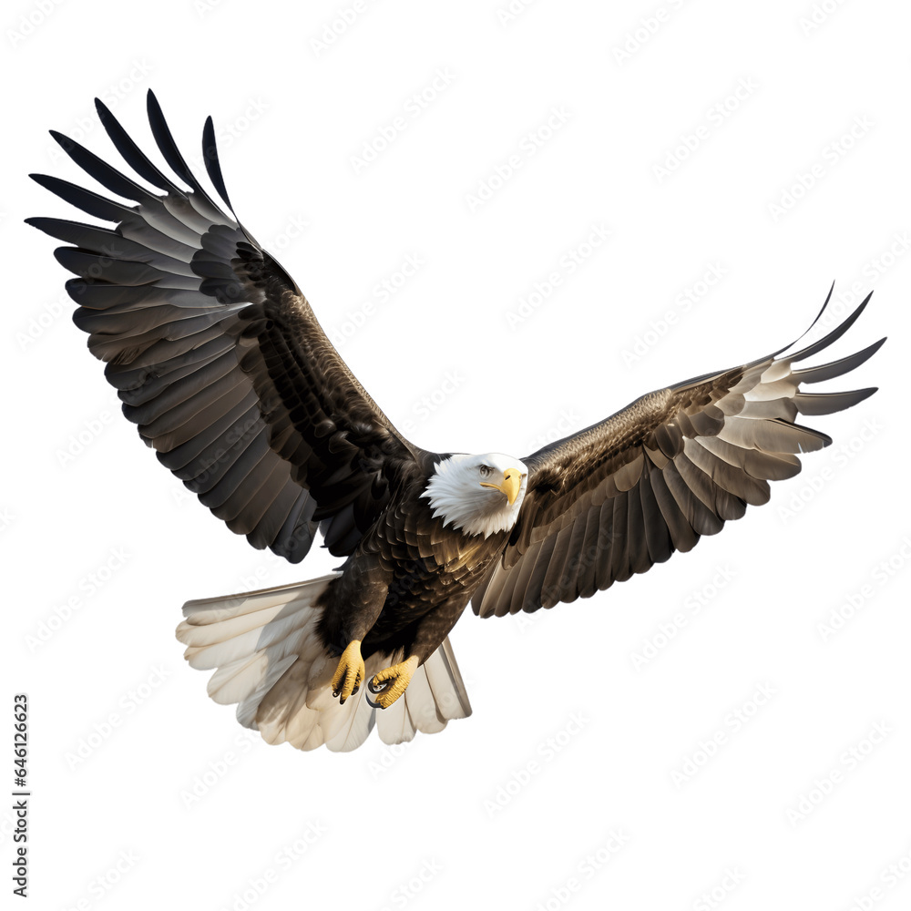 Naklejka premium American bald eagle flying with his wings spread, isolated on white background