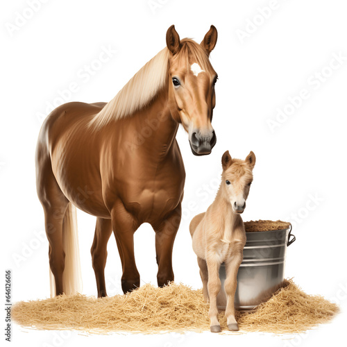 Mother Horse and Foal on a farm, isolated on white background