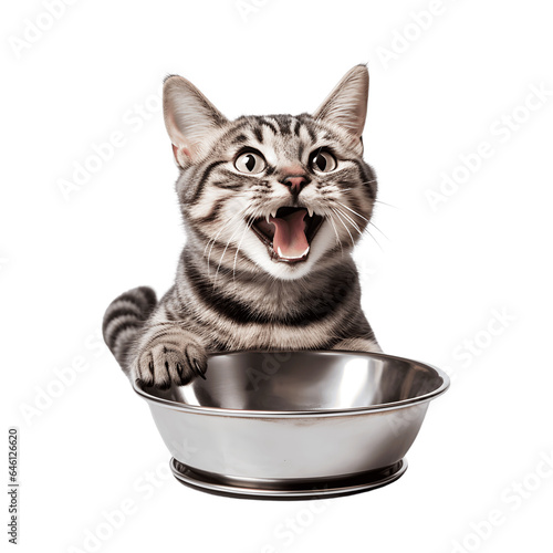 Hungry cat standing next to an empty bowl, isolated on white background
