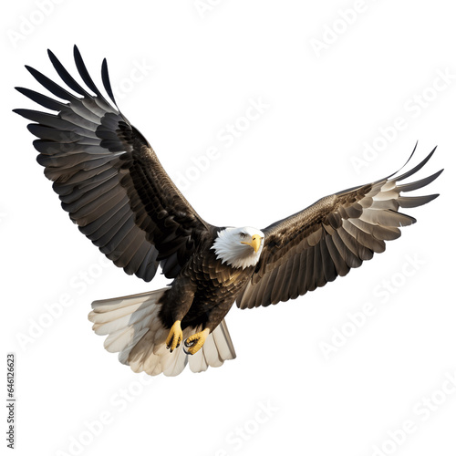 American bald eagle flying with his wings spread, isolated on white background