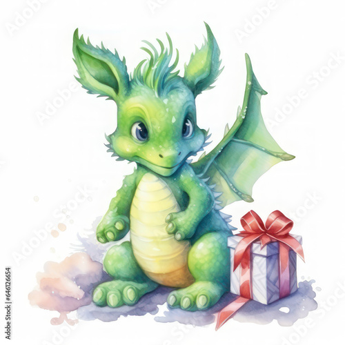 Green dragon with a gift on a white background  watercolor. Square postcard. AI generative.