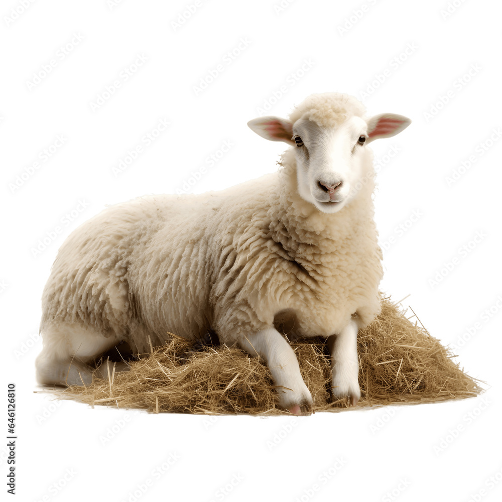 Sheep lying down on hay. Transparent background