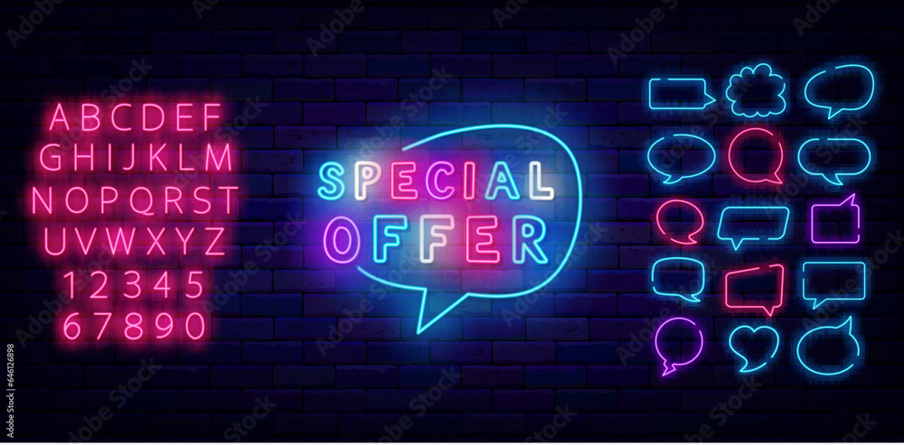 Special offer neon label. Glowing emblem. Shiny pink alphabet. Marketing promotion. Sale banner. Vector illustration