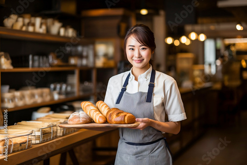 Asian woman baker hold a tray of bread happy smiling in bakery shop