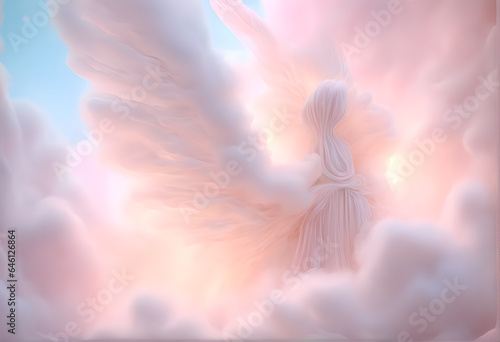 The unimaginable image of a very beautiful fairy in heaven. angel Magic Realism, radiating a sense of otherworldly beauty and serenity, warm pastel tone, clouds, wings, realm of dreams, Generative AI