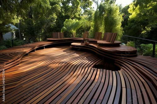 Outdoor wooden deck made from recycled materials. Generative AI