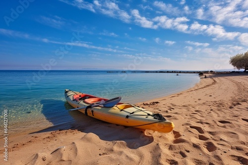 Morning on sandy beach, red sea, kayak boat, snorkel equipment, Middle East. Generative AI