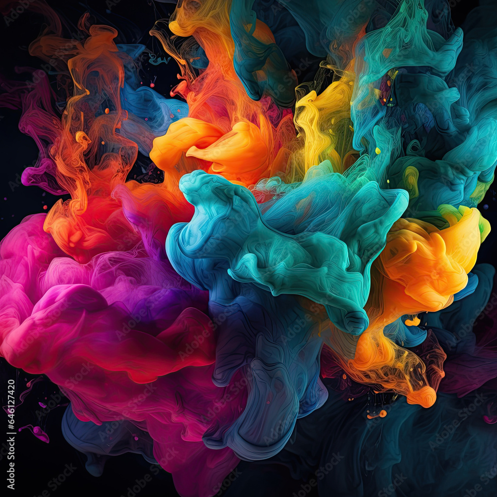 Fototapeta premium Splash of color paint, water or smoke on dark background, abstract pattern, generative AI.