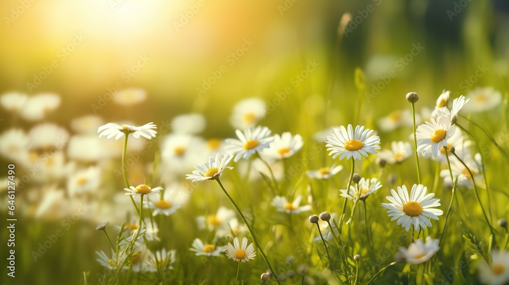 Chamomile flower with sunset nature background AI generated image