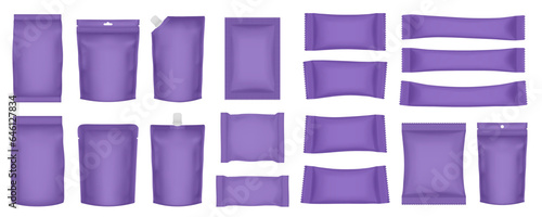 Set of realistic pouch mockups. Purple flow pack, sachet, zip bag and doypack. Ice cream wrapper. Sheet mask sachet. Soap or wet wipes packaging. Sugar stick