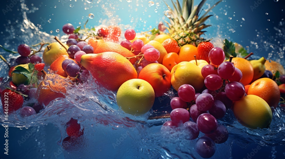 Aqua Fusion Fruits and Water Exploding into a Watery Spectacle Stock