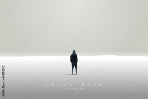 A lonely man in the futuristic landscape. Loneliness. Negative unhappy feeling. Depression thinking. Heartbroken. Nostalgic man thinking about the past. Back view. Conceptual emotional illustration