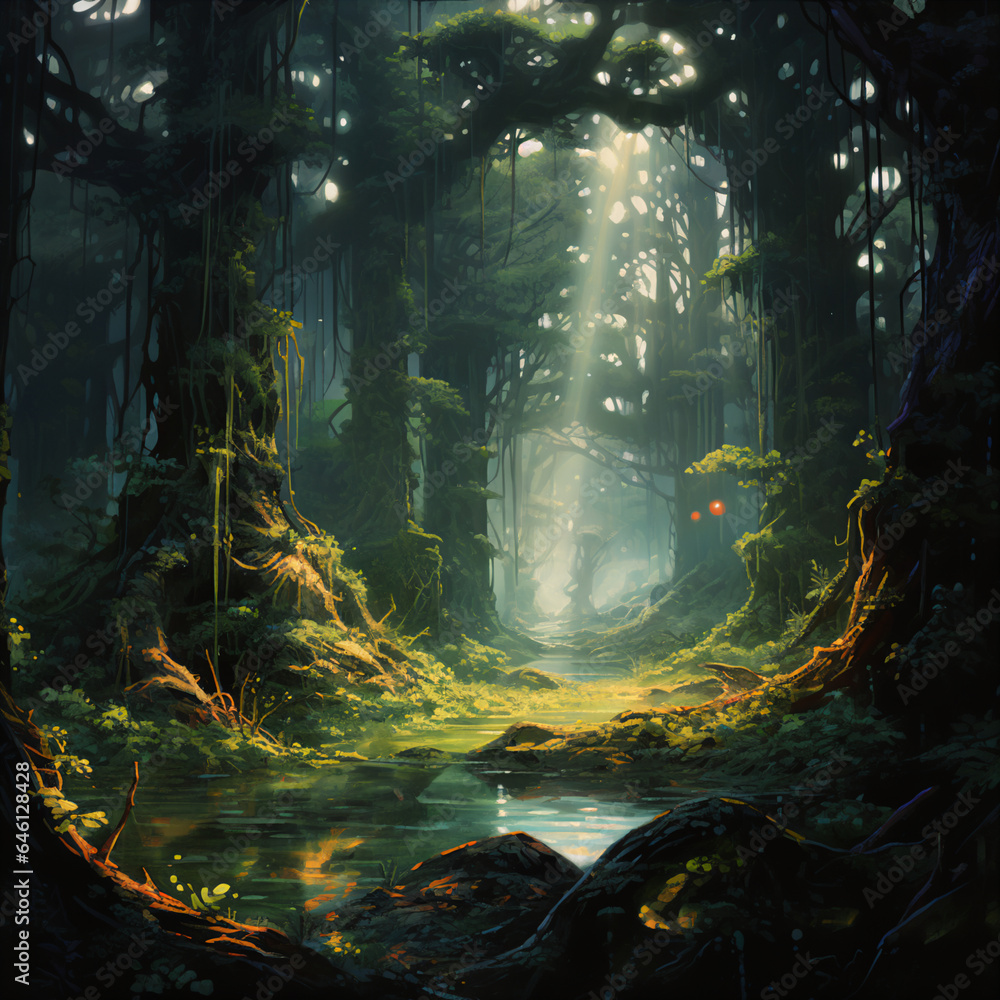 Sci-Fi Book Cover: Digital Painting of Enigmatic Forest Stock ...