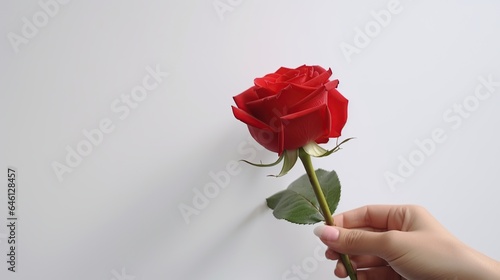 Hand holding beautiful fresh red rose flower white background AI generated image
