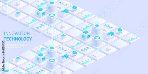Engineering innovations design. Abstract technology background. Blockchain concept banner. Isometric digital blocks connection with each other crypto chain. Blocks and cubes Vector illustration