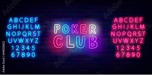 Poker club neon label. Glowing sign for casino. Card game. Glowing handwritten text. Vector stock illustration