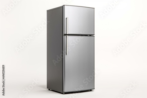 A contemporary metallic refrigerator with two doors, standing alone against a white background. Equipped with a frost-free freezer. Generative AI