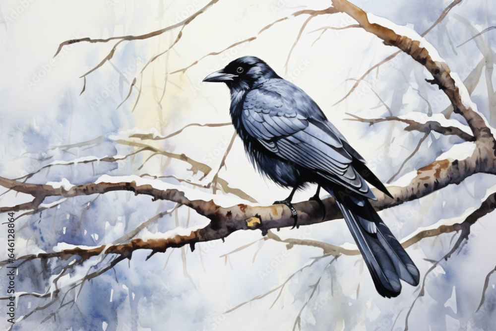 Black crow on a snowy branch in winter. Watercolor bird illustration. Black crow on a snowy branch in winter. Watercolor bird illustration.