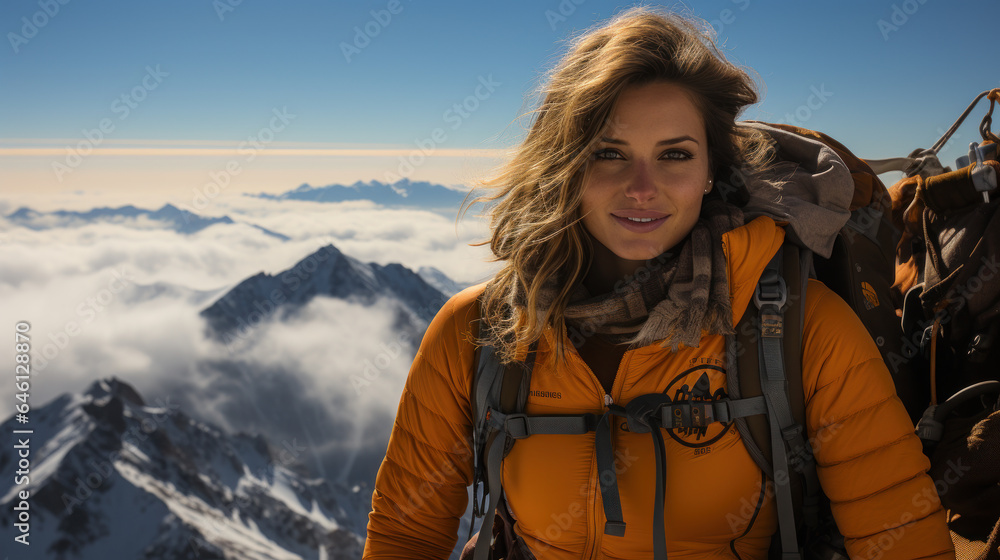 Summit Conqueror: Inspiring Female Mountaineer's Triumph. Generative AI