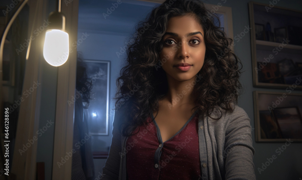 Indian female, early 30s, wavy hair, casual wear, taking a selfie in the mirror, bedroom background, ambient room lighting