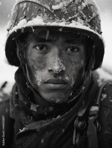 Frostbitten faces of soldier, weariness and despair, black and white, snow - covered landscape