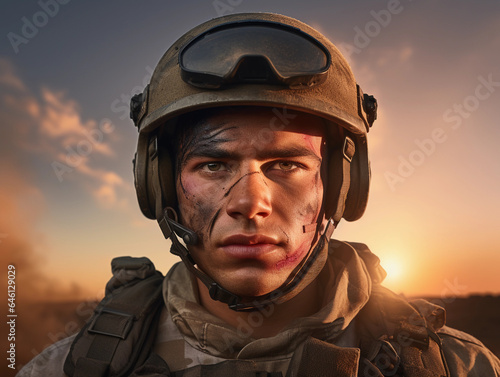 Israeli soldier in Six - Day War, portrait, wearing helmet and carrying Uzi, focused eyes, desert background, blown - out sky © Marco Attano