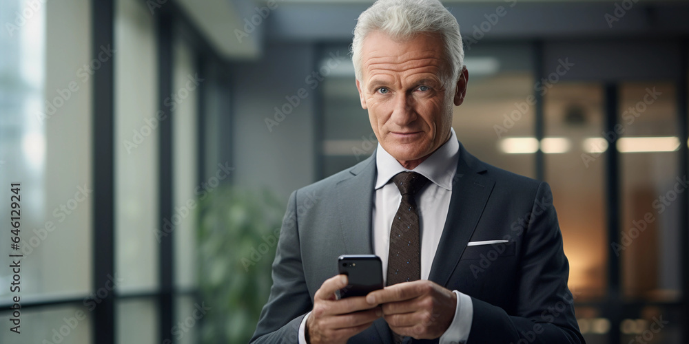 Caucasian male, late 50s, gray hair, formal attire, holding a phone, neutral expression, office background, soft window light from the side Caucasian male, late 50s, gray hair, formal attire, holding a phone, neutral expression, office background, soft window light from the side