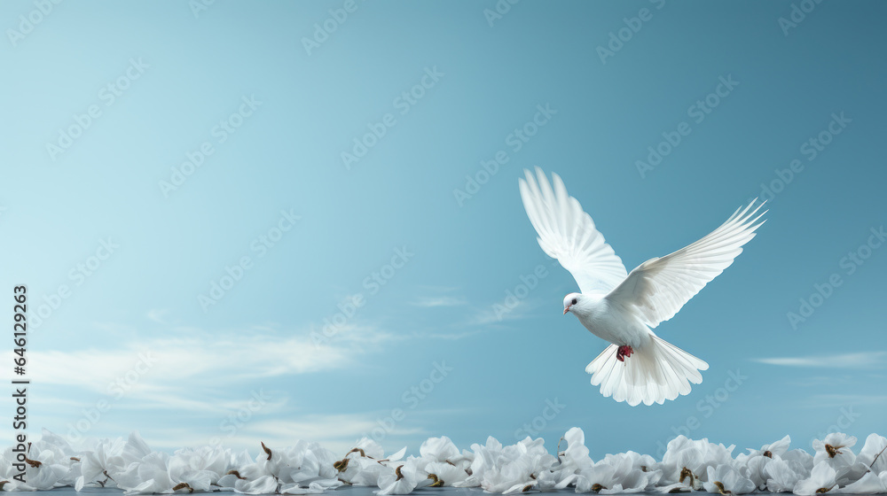 Fototapeta premium Sky's Canvas: White and Blue Banner with Soaring Doves. Generative AI