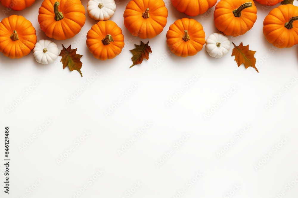 Yellow dried leaves and small orange pumpkins on white background, top view, copy space. Halloween, Thanksgiving holiday concept. Yellow dried leaves and small orange pumpkins on white background, top view, copy space. Halloween, Thanksgiving holiday concept.