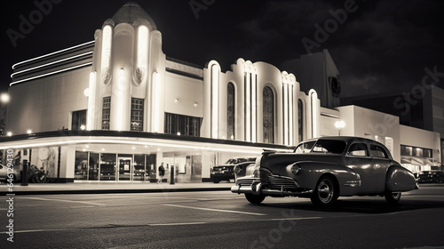 Aged monochrome photograph, vintage cars parked in front of an art deco theater, neon lights, classy elegance